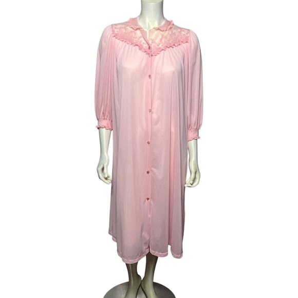 Vintage Artemis Pink Sheer Nylon Robe House Coat Button Front Lace Trim 70s 80s - Picture 1 of 16